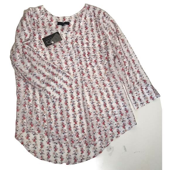 Fred David Floral Top V Neck Pull Over Blouse Button Up 3/4 Sleeve Large - Picture 1 of 14